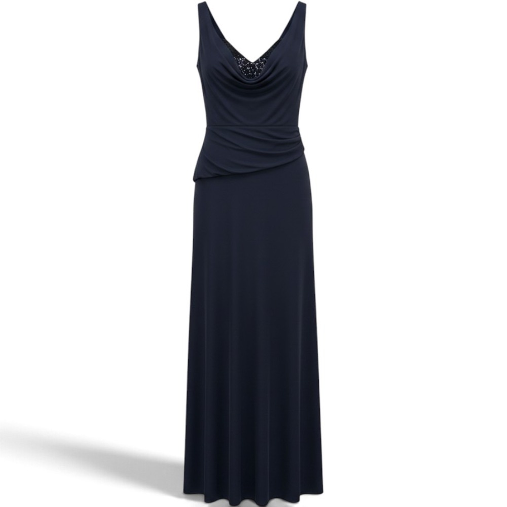 ML Monique Lhuillier Gown Womens 10 Sequin Cowl Neck Navy Blue Ruched EUC